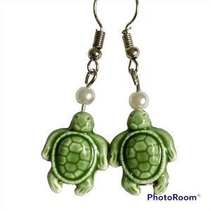 Pearl Green Ceramic Bead Sea Turtle Earrings Nautical Island Beach Dangle